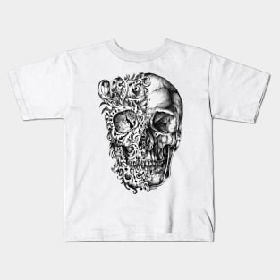 skull , skulls , dead , death , bones , skeleton , engraving , woodcut ,macabre , floral , graveyard,horror Kids T-Shirt